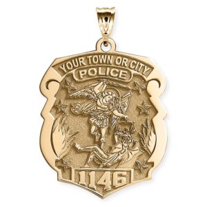 picturesongold.com saint michael personalized police badge with department & badge number in solid 14k yellow gold, 14k white gold or sterling silver (2/3 x 3/4 inch, 14k yellow gold)