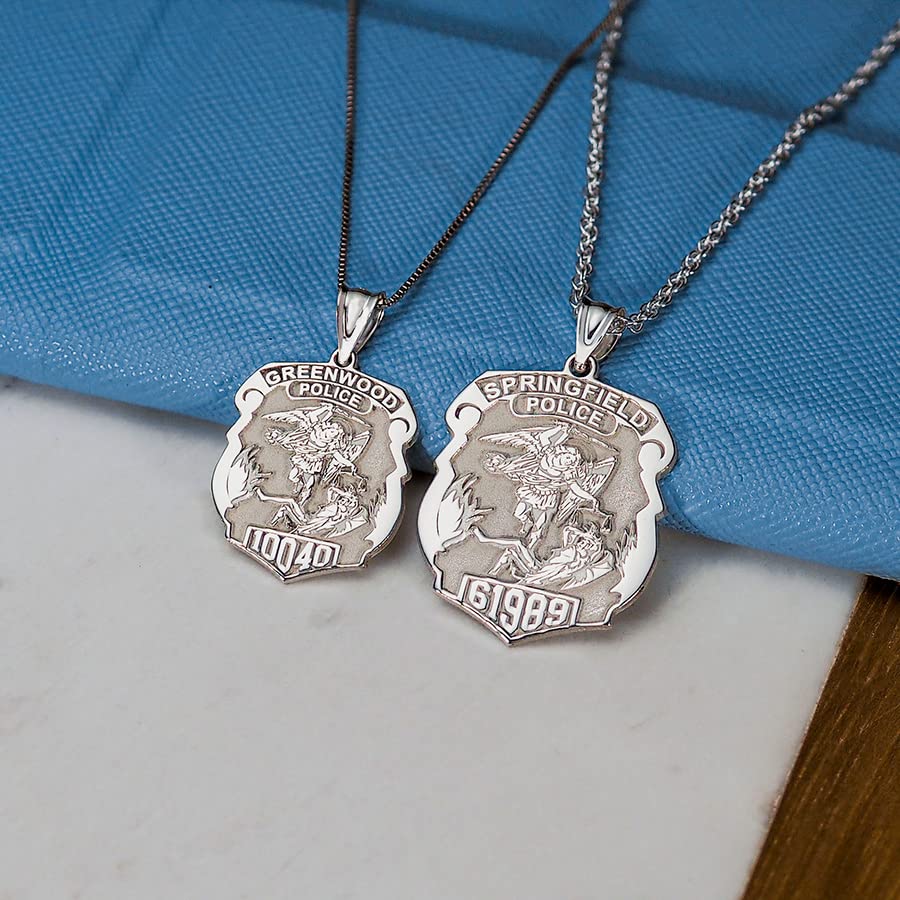 PicturesOnGold.com Saint Michael Personalized Police Badge with Department & Badge Number in Solid 14k Yellow Gold, 14k White Gold or Sterling Silver (2/3 x 3/4 Inch, 14k Yellow Gold)