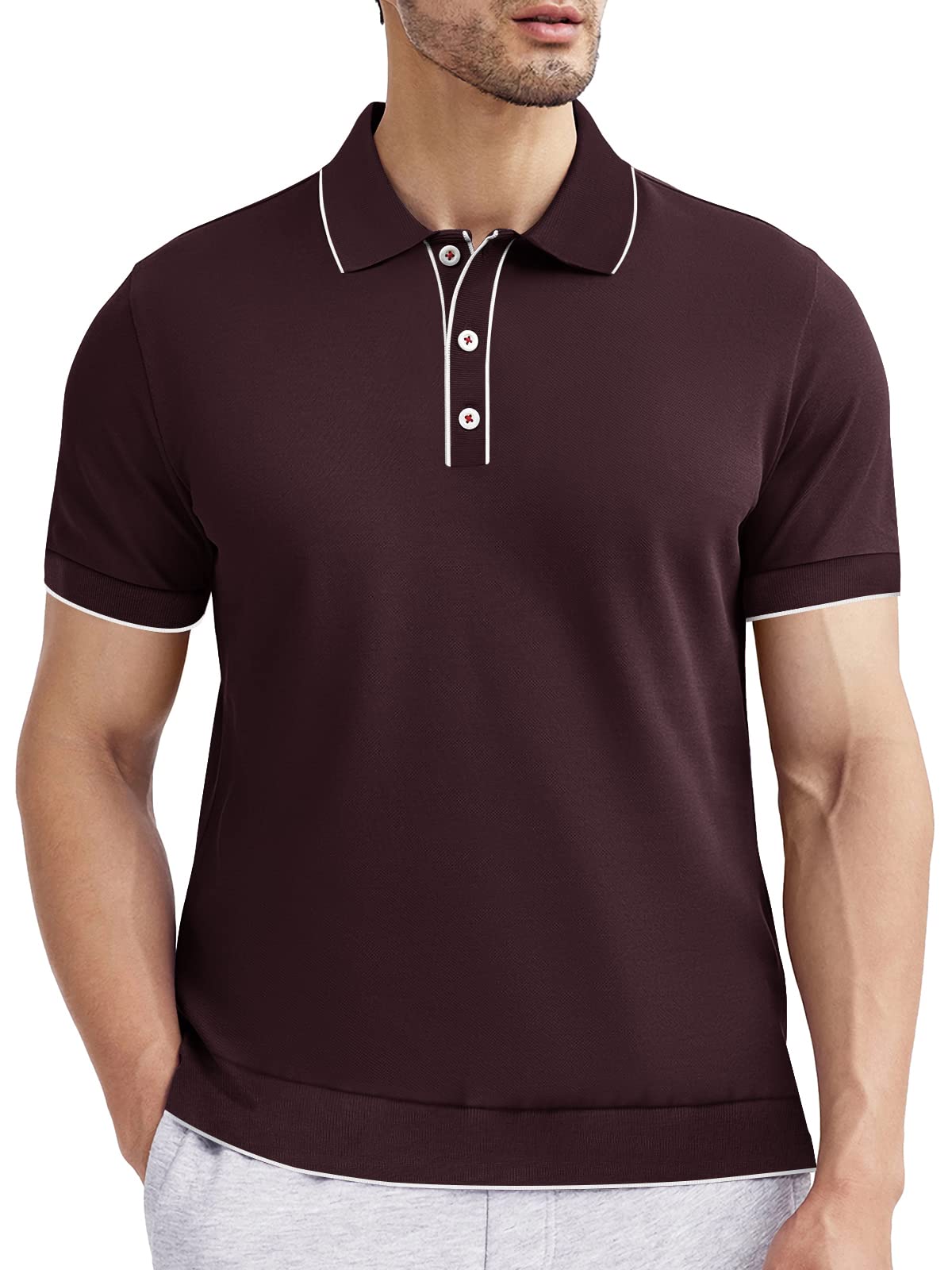 ALTAIREGA Men's Cotton Polo Shirts Casual Short Sleeve Classic Fit Shirt with Knit Rib Trim Hem A-Wine Red