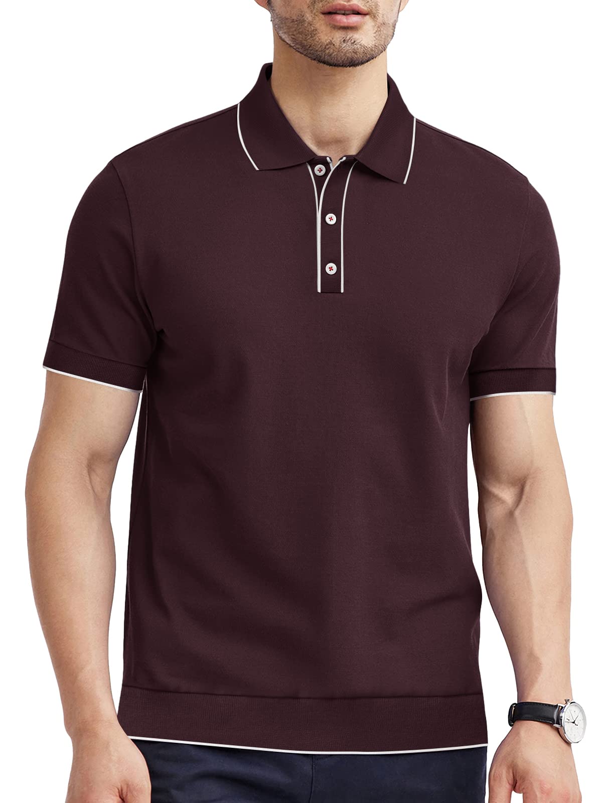 ALTAIREGA Men's Cotton Polo Shirts Casual Short Sleeve Classic Fit Shirt with Knit Rib Trim Hem A-Wine Red