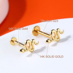 Melighting 14K Gold Helix Earrings Push in Threadless Snake Cartilage Earrings Solid Gold Flat Back Earrings Stud Gold Tragus Piercing Jewelry Labret Jewelry for Women Men