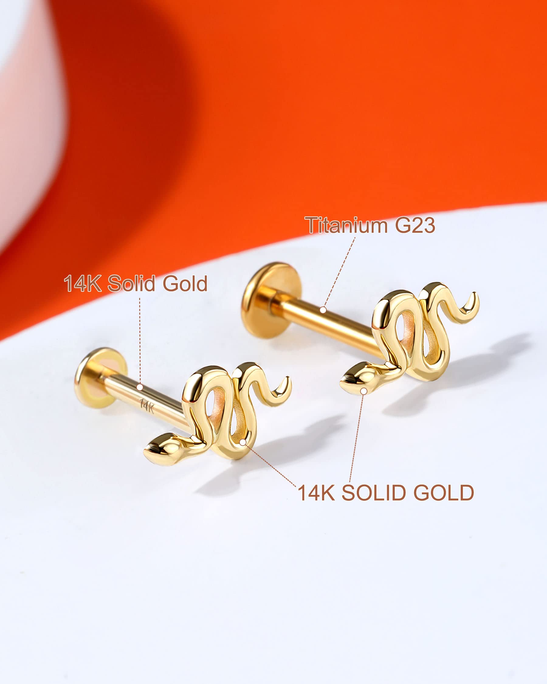 Melighting 14K Gold Helix Earrings Push in Threadless Snake Cartilage Earrings Solid Gold Flat Back Earrings Stud Gold Tragus Piercing Jewelry Labret Jewelry for Women Men