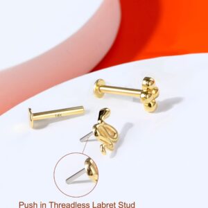 Melighting 14K Gold Helix Earrings Push in Threadless Snake Cartilage Earrings Solid Gold Flat Back Earrings Stud Gold Tragus Piercing Jewelry Labret Jewelry for Women Men