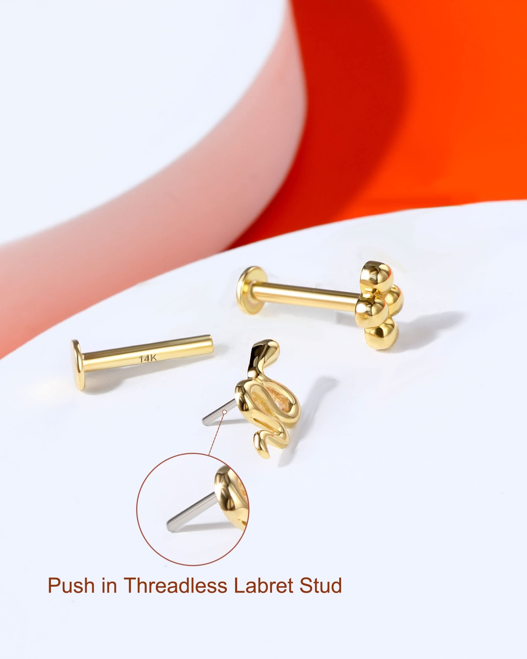 Melighting 14K Gold Helix Earrings Push in Threadless Snake Cartilage Earrings Solid Gold Flat Back Earrings Stud Gold Tragus Piercing Jewelry Labret Jewelry for Women Men