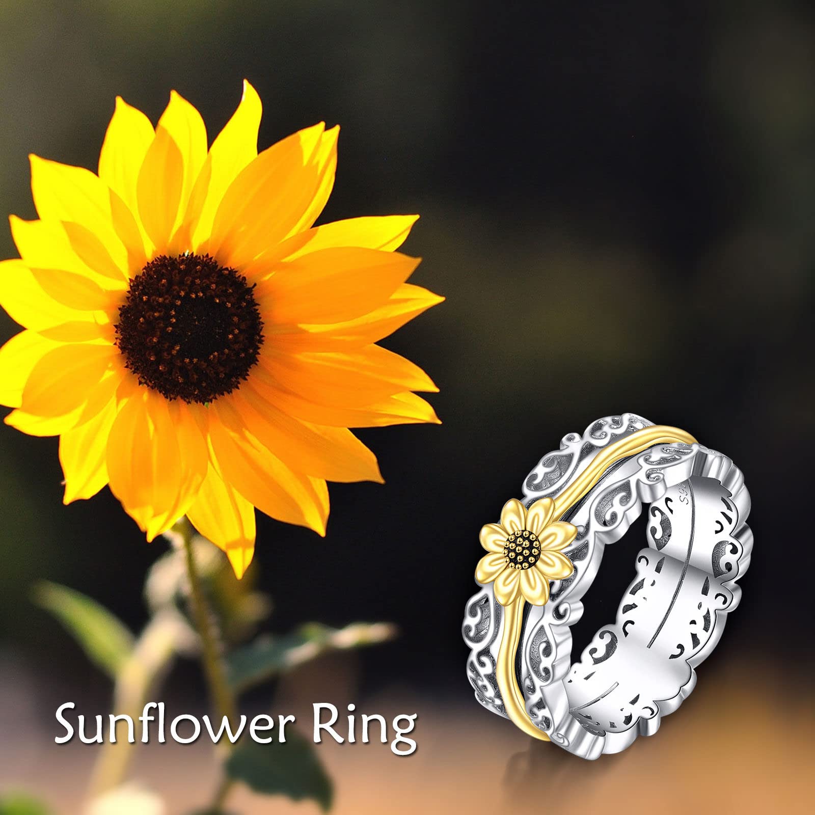 VONALA Sunflower Fidget Rings for Anxiety 925 Sterling Silver Sunflower Spinner Rings for Women Worry Ring Anti Stress Mood Rings Gifts Band Wide 7#