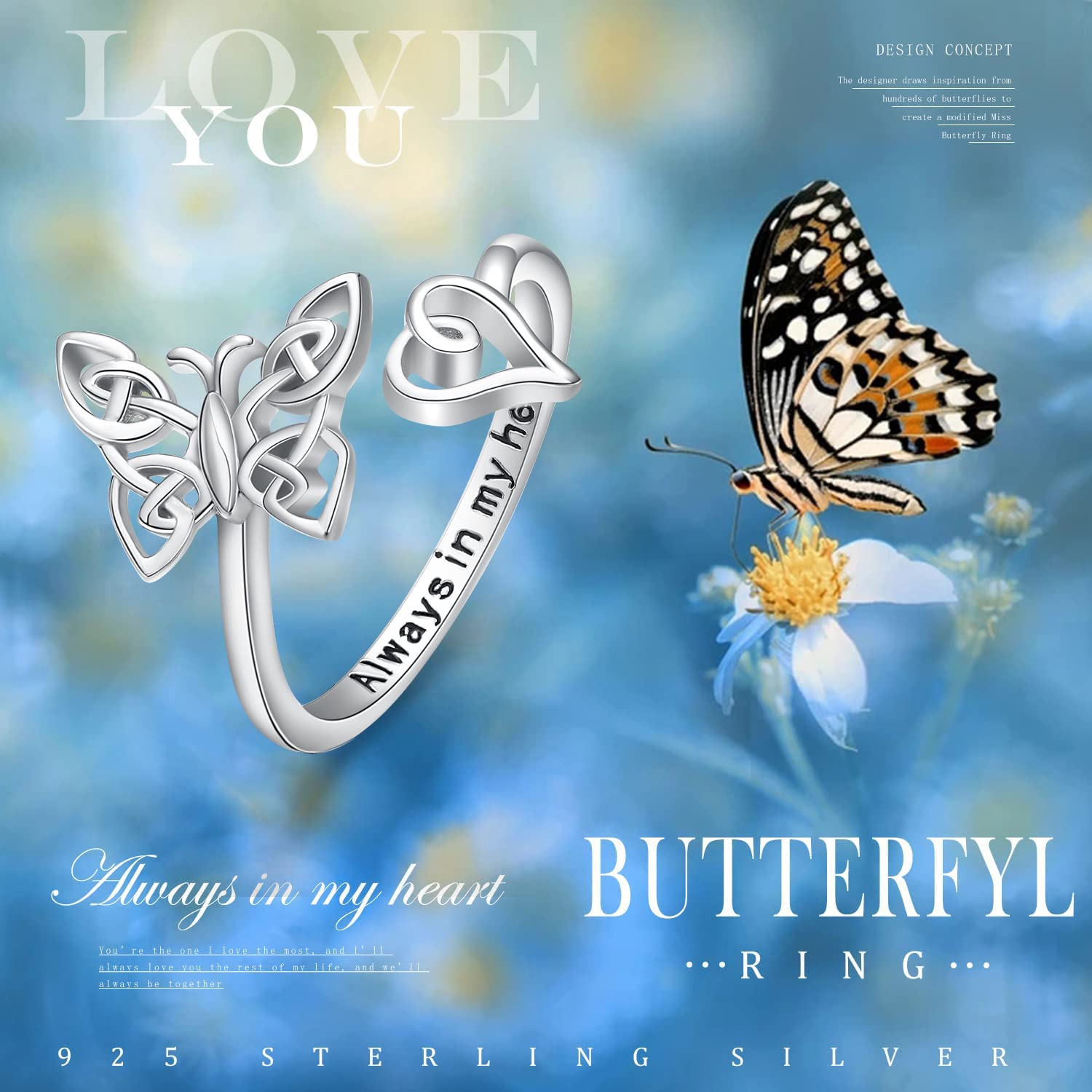 Palpitate Butterfly Rings for Women Butterfly Rings 925 Sterling Silver Celtic Knot Butterfly Jewelry Gifts for Women