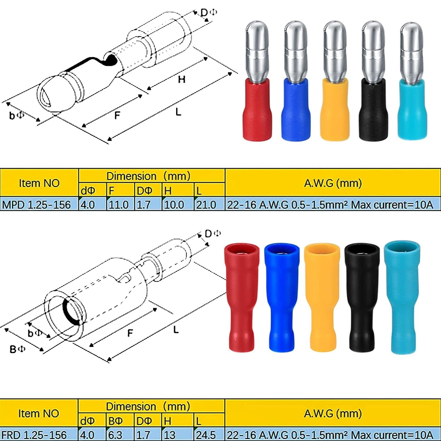 QOOSIKICC 100 Pcs Bullet Connectors Kit, Insulated Bullet Connectors Terminals Female and Male, Electrical Marine Bullet Crimp Automotive Wire Connectors Terminals