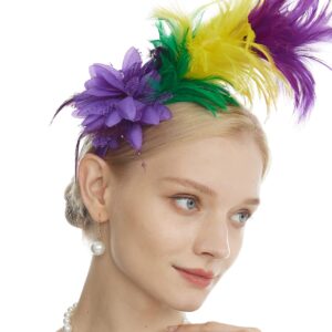 LyMet Women's 1920s Feather Fascinator Headband, Tea Party Flower Headpiece Derby Hat for Cocktail Gatsby Wedding (Purple Yellow Green)