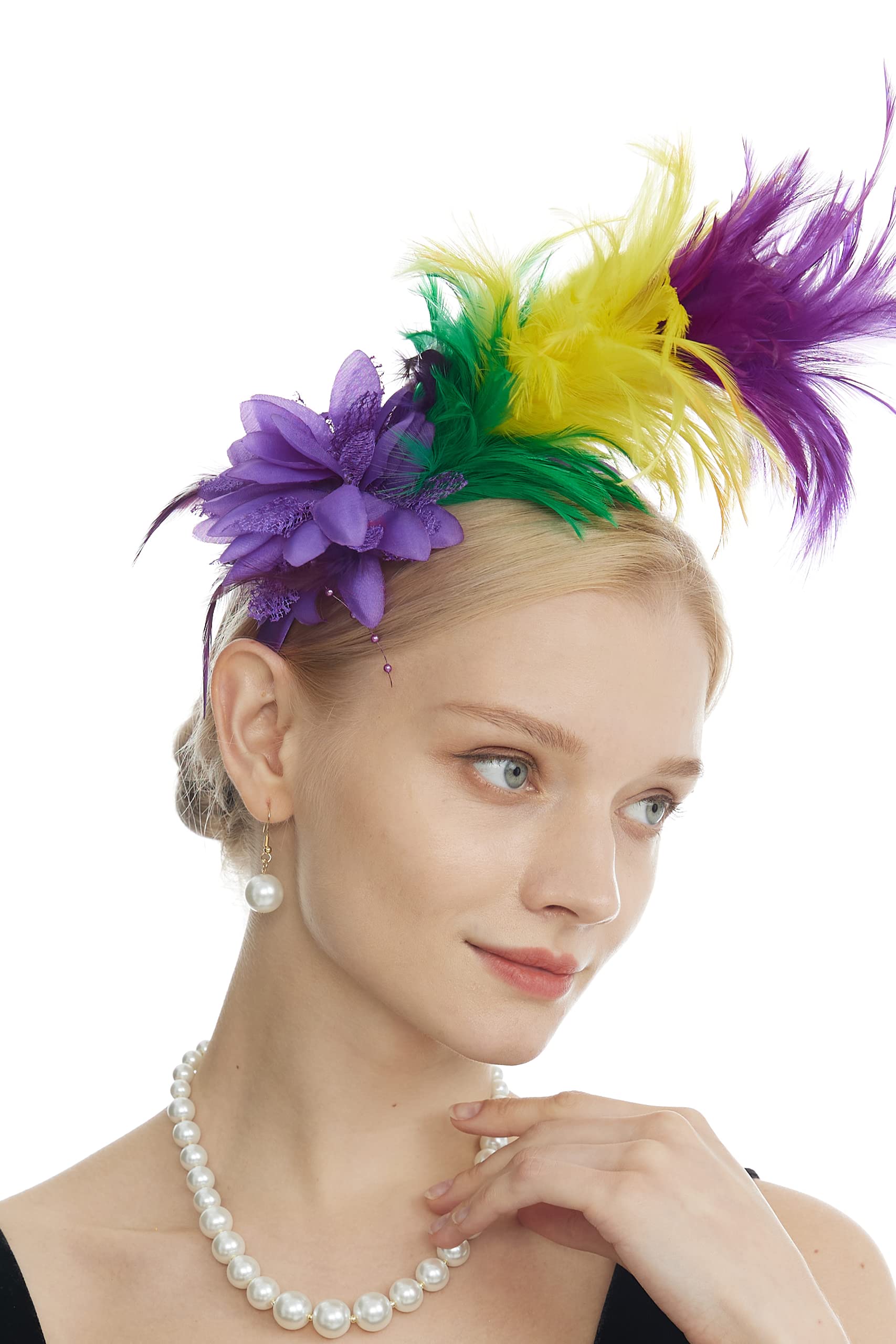 LyMet Women's 1920s Feather Fascinator Headband, Tea Party Flower Headpiece Derby Hat for Cocktail Gatsby Wedding (Purple Yellow Green)