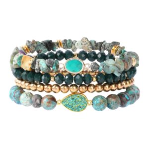 bohemian african turquoise beaded bracelets for women, 4pcs stackable natural stones stretch bracelet set with charm, multilayered matte turquoise chips beads bracelets handmade boho jewelry gift