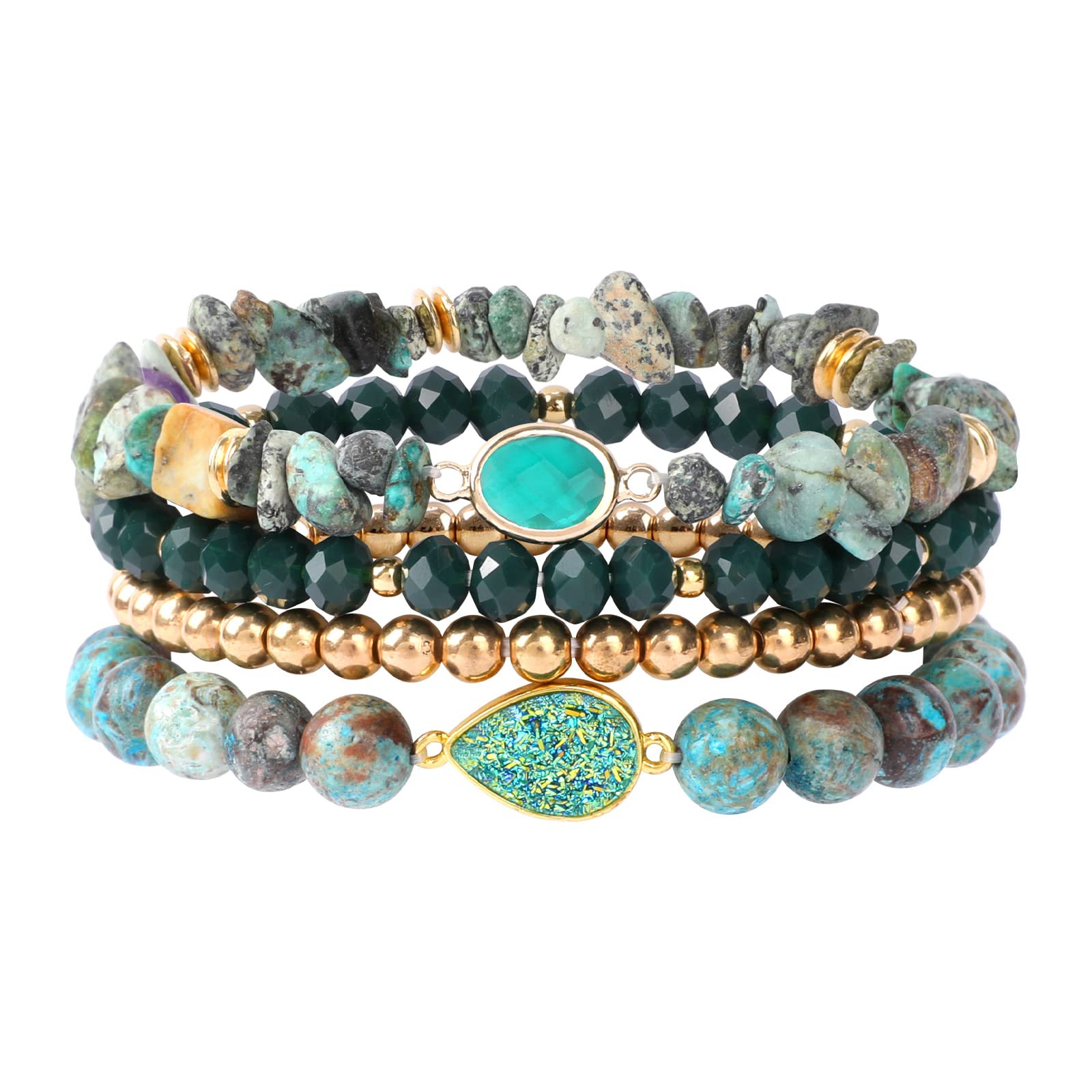 Bohemian African Turquoise Beaded Bracelets for Women, 4Pcs Stackable Natural Stones Stretch Bracelet Set with Charm, Multilayered Matte Turquoise Chips Beads Bracelets Handmade Boho Jewelry Gift