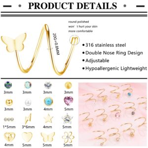 FASACCO Double Nose Ring Hoop for Single Piercing 20 Gauge Stainless Steel Nose Hoop Spiral Star Pearl CZ Butterfly Twist Nose Ring Hoops Double Hoop Earrings for Women Gold Tone