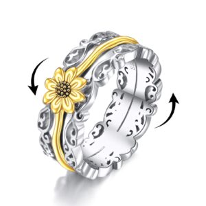 VONALA Sunflower Fidget Rings for Anxiety 925 Sterling Silver Sunflower Spinner Rings for Women Worry Ring Anti Stress Mood Rings Gifts Band Wide 7#