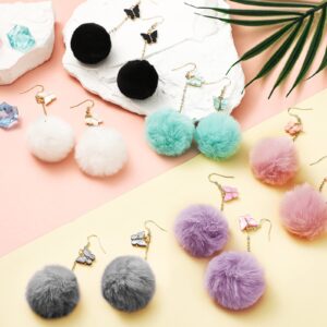 6 Pairs Butterfly Pom Pom Earrings Drop Dangling Colorful Pom Pom Earrings Winter Jewelry Butterfly Pendant Earrings Faux Fur Fluffy Ball Earrings for Women