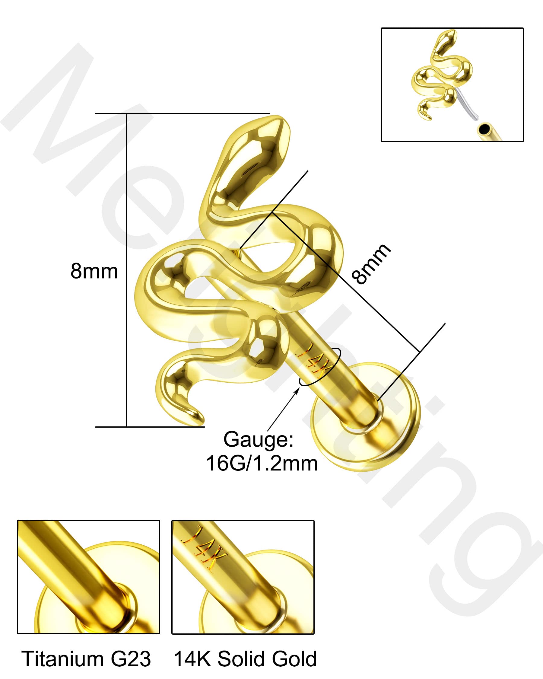 Melighting 14K Gold Helix Earrings Push in Threadless Snake Cartilage Earrings Solid Gold Flat Back Earrings Stud Gold Tragus Piercing Jewelry Labret Jewelry for Women Men