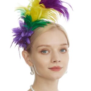 LyMet Women's 1920s Feather Fascinator Headband, Tea Party Flower Headpiece Derby Hat for Cocktail Gatsby Wedding (Purple Yellow Green)