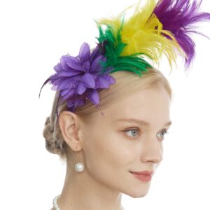 LyMet Women's 1920s Feather Fascinator Headband, Tea Party Flower Headpiece Derby Hat for Cocktail Gatsby Wedding (Purple Yellow Green)