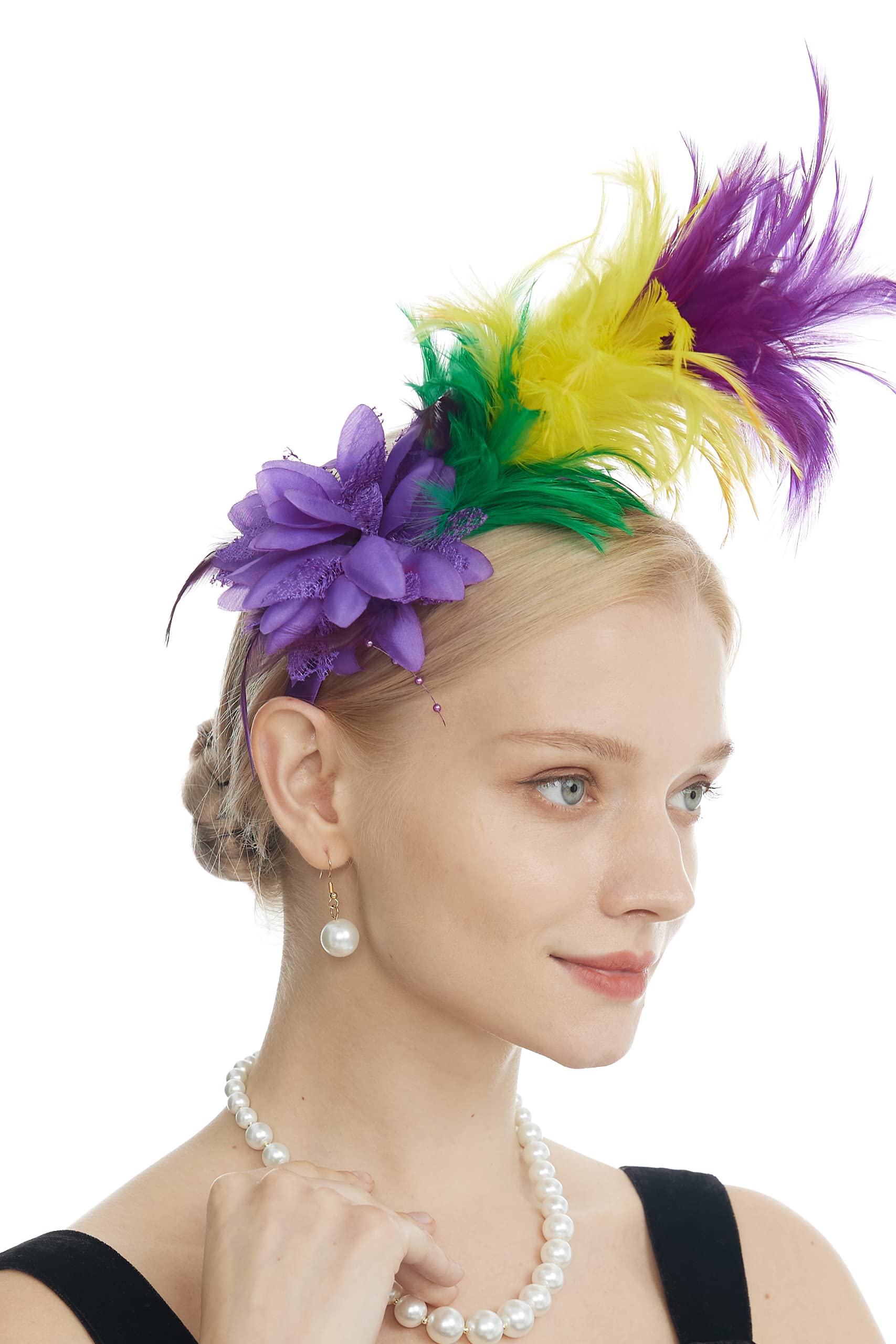 LyMet Women's 1920s Feather Fascinator Headband, Tea Party Flower Headpiece Derby Hat for Cocktail Gatsby Wedding (Purple Yellow Green)