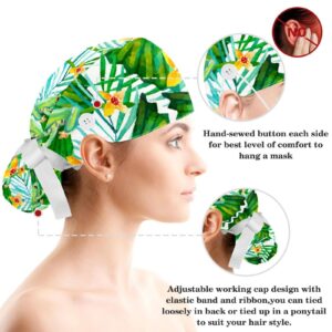 Yellow Flowers Frogs Green Scrub Caps Surgical Women with Button Adjustable Hats Surgical Caps with Scrunchie for Women