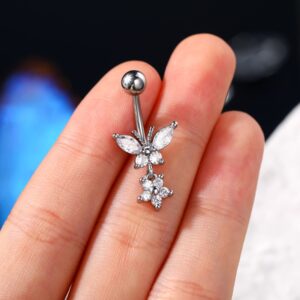 CM Crareesi Mania Belly Button Ring Dangle 14G Belly Button Rings Butterfly 316L Stainless Steel Short Belly Button Ring 14G Belly Button Piercing Jewelry