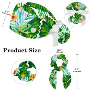 Yellow Flowers Frogs Green Scrub Caps Surgical Women with Button Adjustable Hats Surgical Caps with Scrunchie for Women