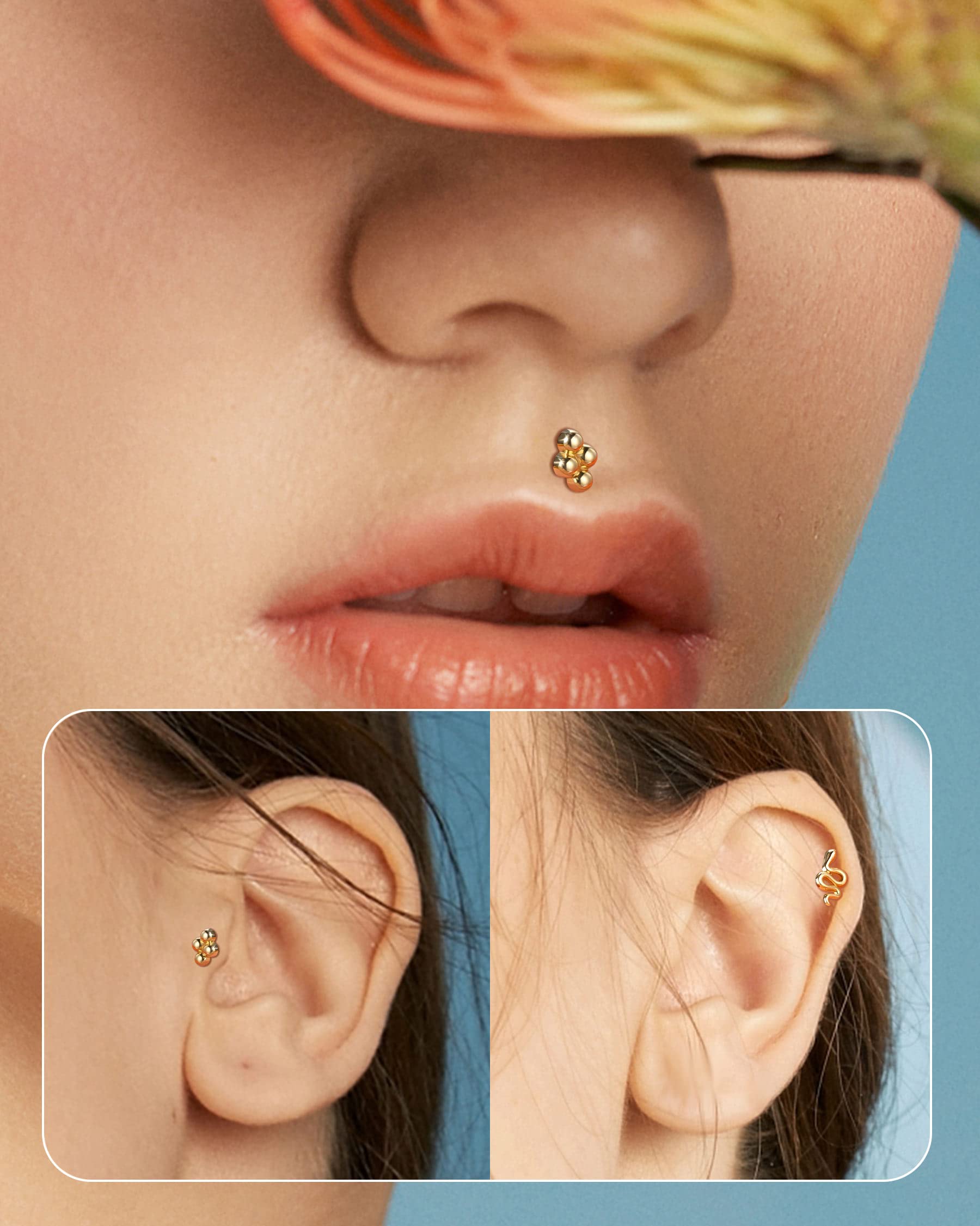 Melighting 14K Gold Helix Earrings Push in Threadless Snake Cartilage Earrings Solid Gold Flat Back Earrings Stud Gold Tragus Piercing Jewelry Labret Jewelry for Women Men