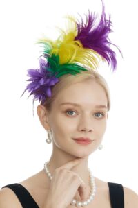 lymet women's 1920s feather fascinator headband, tea party flower headpiece derby hat for cocktail gatsby wedding (purple yellow green)