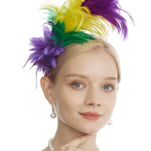 LyMet Women's 1920s Feather Fascinator Headband, Tea Party Flower Headpiece Derby Hat for Cocktail Gatsby Wedding (Purple Yellow Green)