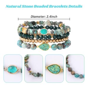 Bohemian African Turquoise Beaded Bracelets for Women, 4Pcs Stackable Natural Stones Stretch Bracelet Set with Charm, Multilayered Matte Turquoise Chips Beads Bracelets Handmade Boho Jewelry Gift