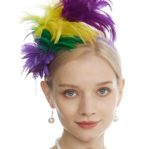 LyMet Women's 1920s Feather Fascinator Headband, Tea Party Flower Headpiece Derby Hat for Cocktail Gatsby Wedding (Purple Yellow Green)