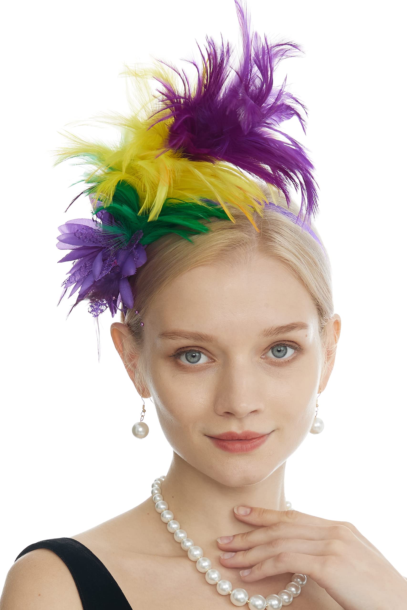 LyMet Women's 1920s Feather Fascinator Headband, Tea Party Flower Headpiece Derby Hat for Cocktail Gatsby Wedding (Purple Yellow Green)