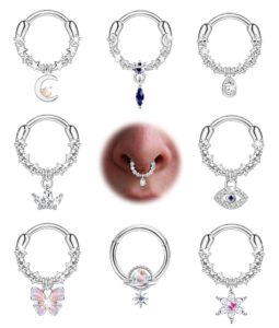 sanfenly 8pcs septum jewelry 16g 316l stainless steel dangle septum rings cz teardrop butterfly daith earrings hoop cartilage helix tragus spetum nose piercing jewelry for women men