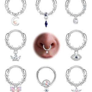 Sanfenly 8PCS Septum Jewelry 16G 316L Stainless Steel Dangle Septum Rings CZ Teardrop Butterfly Daith Earrings Hoop Cartilage Helix Tragus Spetum Nose Piercing Jewelry for Women Men