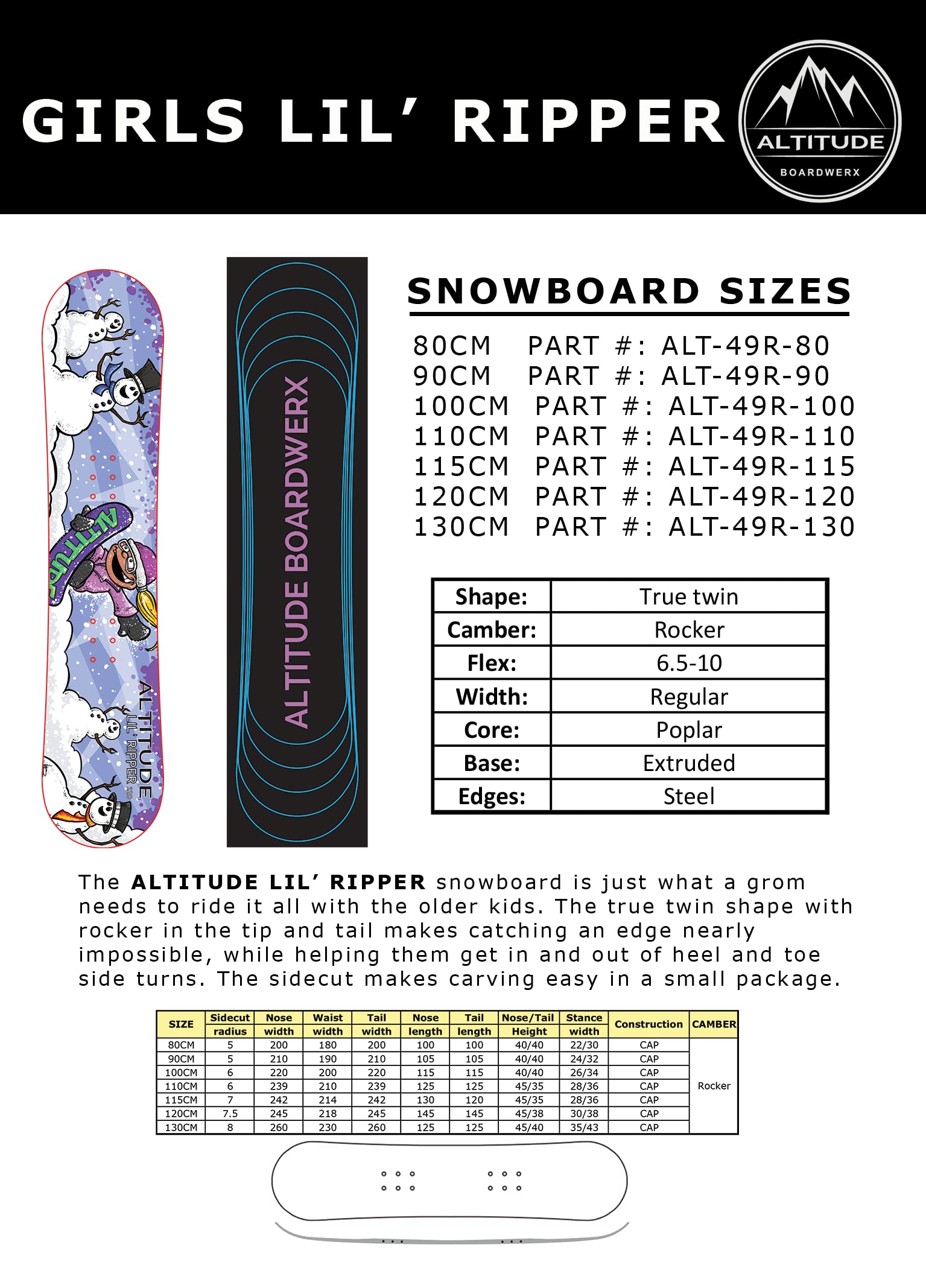 Girls Lil' Ripper Beginner (Rocker Camber) Snowboard 90CM