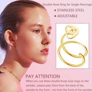 FASACCO Double Nose Ring Hoop for Single Piercing 20 Gauge Stainless Steel Nose Hoop Spiral Star Pearl CZ Butterfly Twist Nose Ring Hoops Double Hoop Earrings for Women Gold Tone