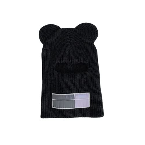 Y2K Balaklava Ski Mask, Bear Big Ears Beanie, Knitted Hooded Collar, Neck Protector, Men's and Women's (Black,One Size,One Size)