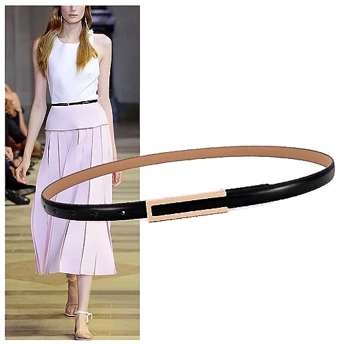 Women's Belt Fashion Elegant Dress Skinny Patent Leather Belts Waistband Thin Waist Belt Alloy Gold Buckle, 2-Pack, Black & Peach-Pink, For Waist 28"- 34", Women Size S-M, 4-6