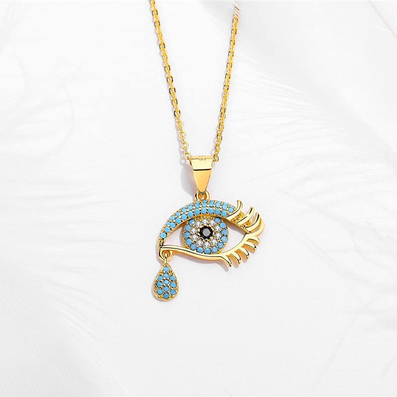 PAENENPH Solid 14K Gold Over 925 Silver Moissanite Evil Eye Pendant Necklace for Women,Dainty Blue Evil Eye Tear Drop Choker Necklace,Fashion Christmas Jewelry Gift for Her (Yellow Gold, 14K Gold)