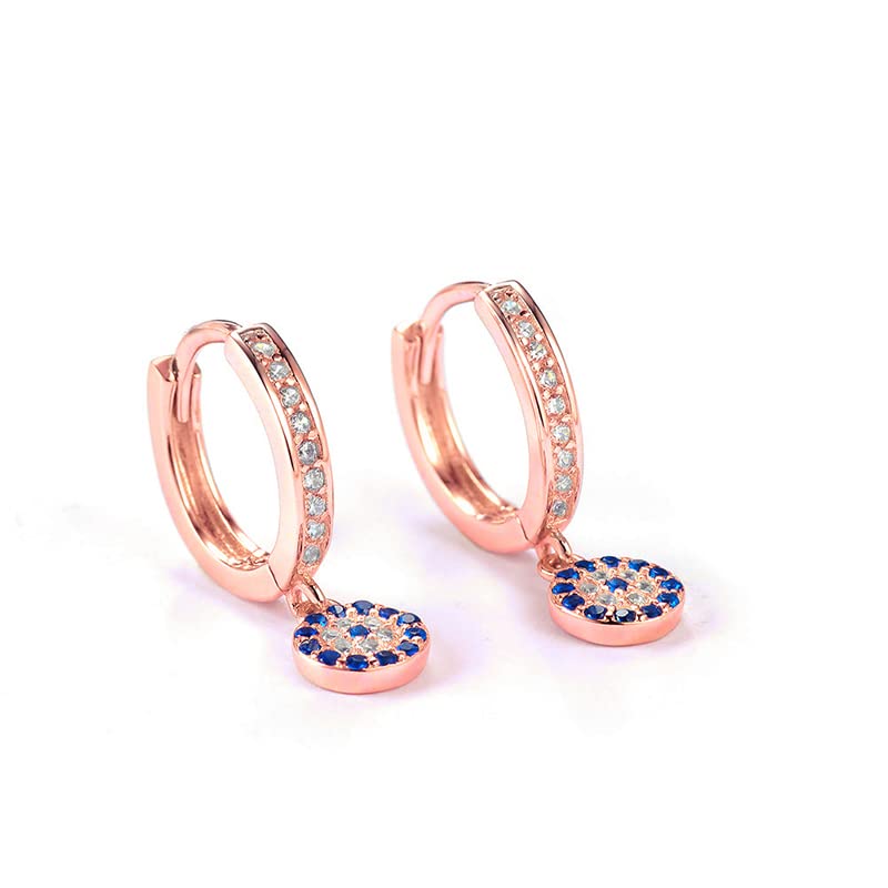 14K Gold Moissanite Evil Eye Hoop Earrings for Women,Delicate Blue Crystal Devil's Eye Huggie Drop Earrings,Fashion Christmas Jewelry Gift for Her (Rose Gold, 14K Gold)