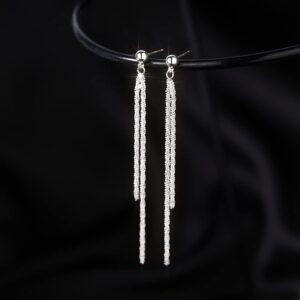 Reffeer Solid 925 Sterling Silver Tassel Chain Dangle Earrings for Women Long Dangle Earrings Drops Minimalist (A-Silver)