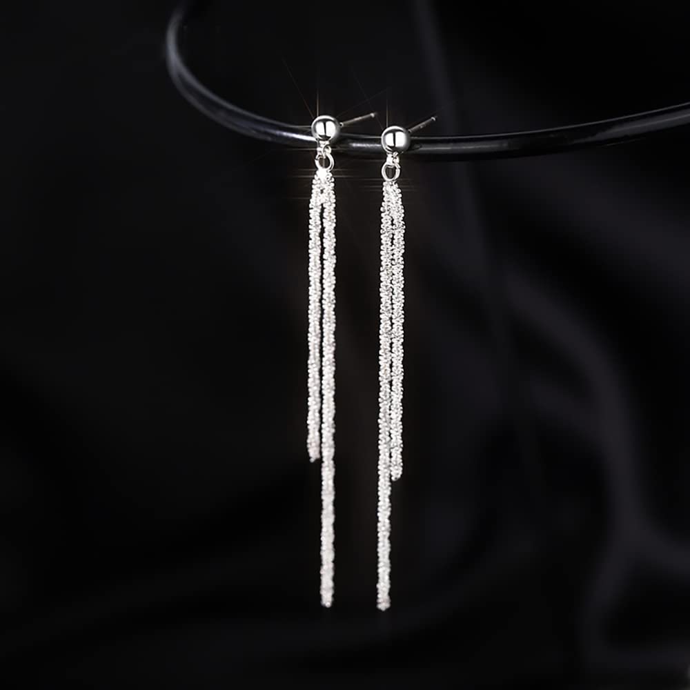 Reffeer Solid 925 Sterling Silver Tassel Chain Dangle Earrings for Women Long Dangle Earrings Drops Minimalist (A-Silver)