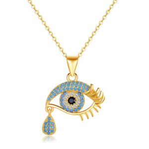 PAENENPH Solid 14K Gold Over 925 Silver Moissanite Evil Eye Pendant Necklace for Women,Dainty Blue Evil Eye Tear Drop Choker Necklace,Fashion Christmas Jewelry Gift for Her (Yellow Gold, 14K Gold)