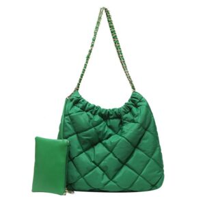 Women's Puffer Bag Quilted Shoulder Bag Nylon Tote bag Puffy Handbag Chain Straps with Coin Purse 2 in 1 Green