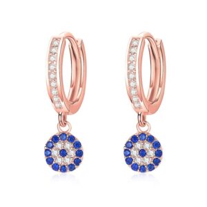 14K Gold Moissanite Evil Eye Hoop Earrings for Women,Delicate Blue Crystal Devil's Eye Huggie Drop Earrings,Fashion Christmas Jewelry Gift for Her (Rose Gold, 14K Gold)