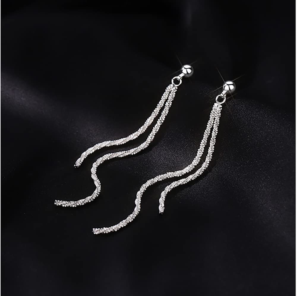 Reffeer Solid 925 Sterling Silver Tassel Chain Dangle Earrings for Women Long Dangle Earrings Drops Minimalist (A-Silver)