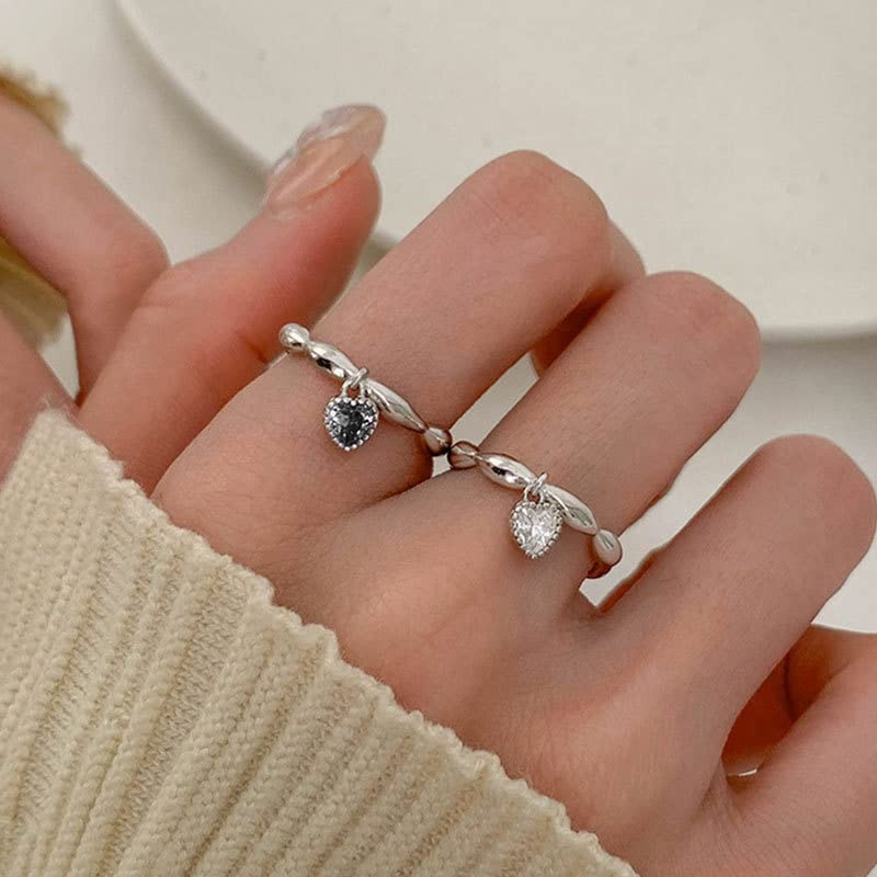 Eternal Love Heart Dangle Rings S925 Sterling Silver Adjustable Open Dangling Charm CZ Crystal Engagement Promise Ring Wedding Statement Band Middle Finger Stacking Jewelry Gifts for Women Girls Xmas