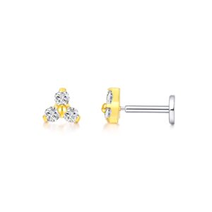 Limerencia G23 Hypoallergenic 18g Flat Back Stud Earrings | F136 Implant Grade Titanium Press Fit Threadless Push Pop in Cartilage Helix Labret Lip Monroe Tragus Piercing Studs (Trinity CZ Gold)