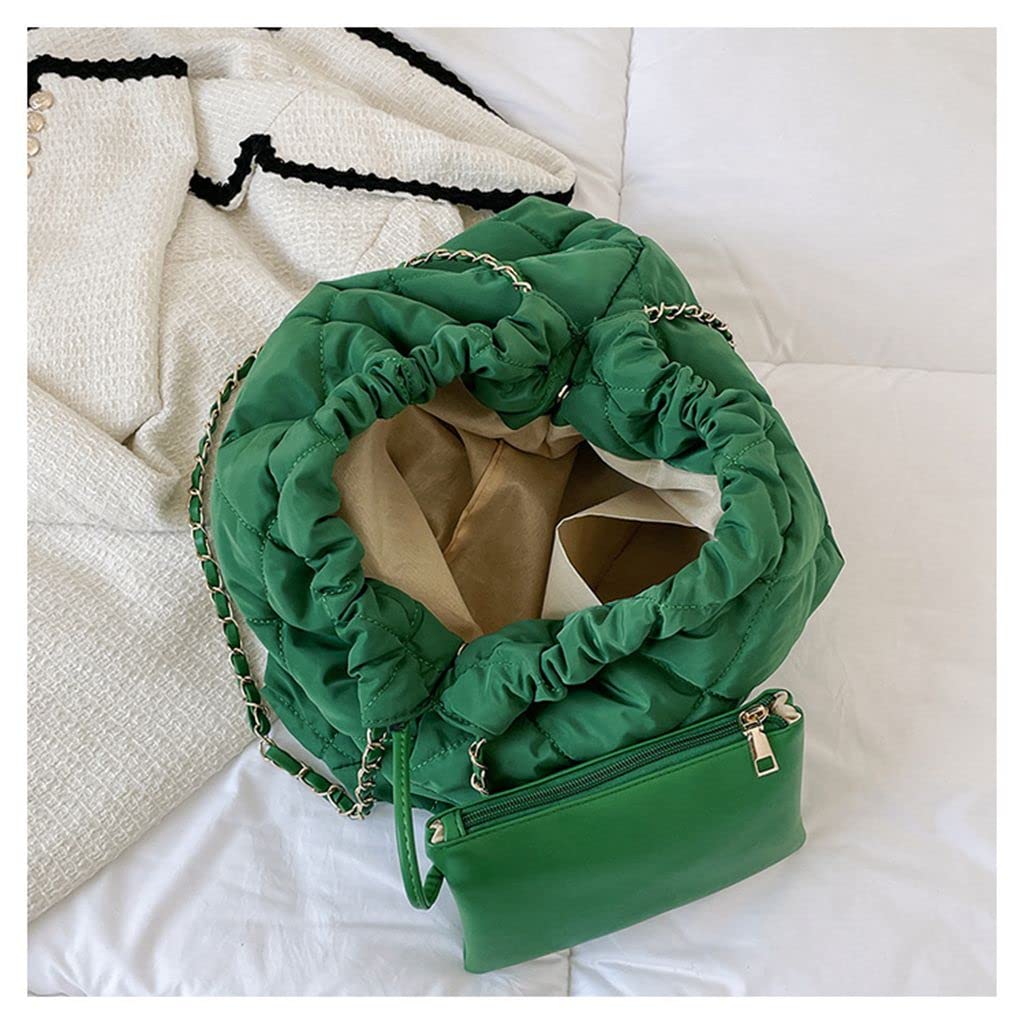 Women's Puffer Bag Quilted Shoulder Bag Nylon Tote bag Puffy Handbag Chain Straps with Coin Purse 2 in 1 Green