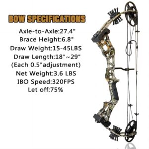 PANDARUS Compound Bow Set 15-45lbs for Pull Beginner and Teens Right Handed Adjustable 18"-29" Draw Length, 320 FPS Speed, Hunting Bow Archery Set New 2024(Camo Right Handed Bag Pro)