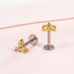 Limerencia G23 Hypoallergenic 18g Flat Back Stud Earrings | F136 Implant Grade Titanium Press Fit Threadless Push Pop in Cartilage Helix Labret Lip Monroe Tragus Piercing Studs (Trinity CZ Gold)